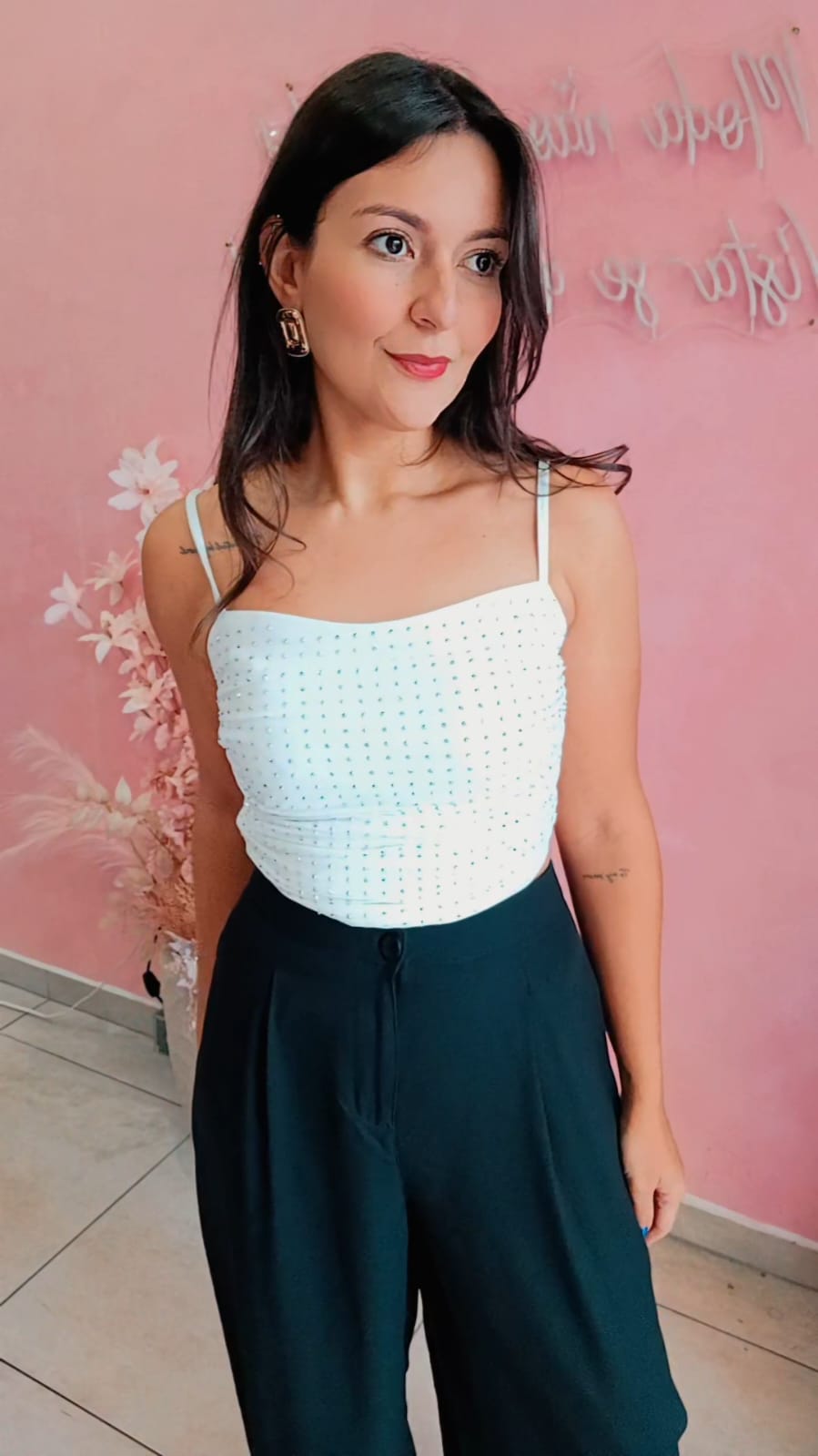Cropped Tule com brilho alças finas  - Branco
