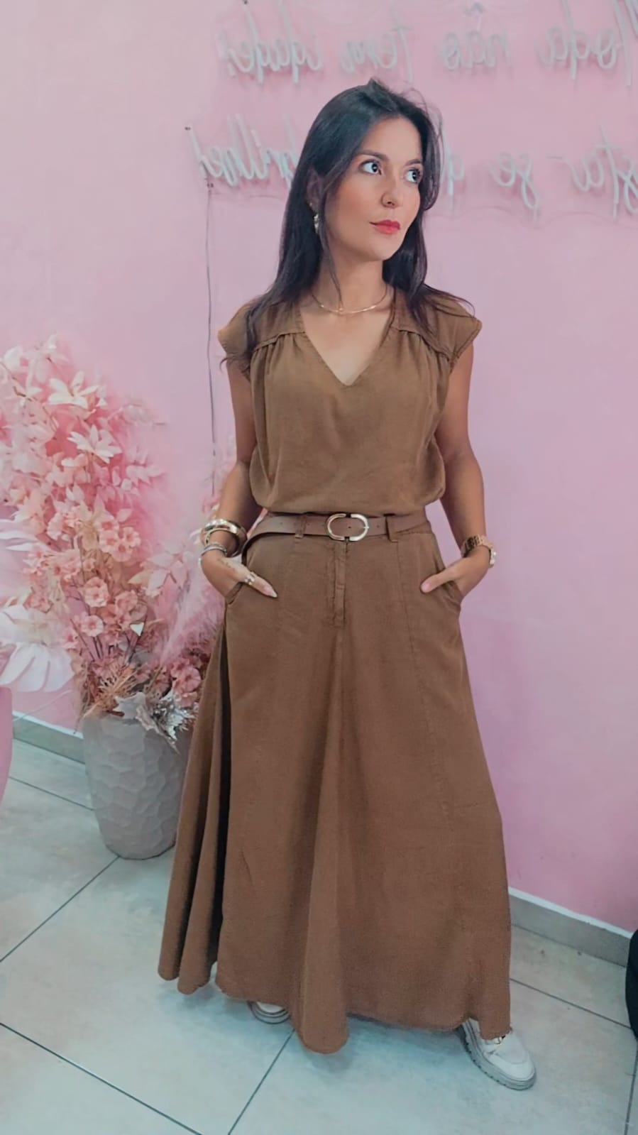 Saia jeans longa fluida Marrom