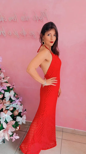 Vestido Longo frente única rendado  -  Vermelho
