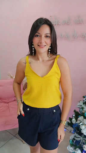 Shorts Visco Linho Elastico na Cintura - Azul Marinho